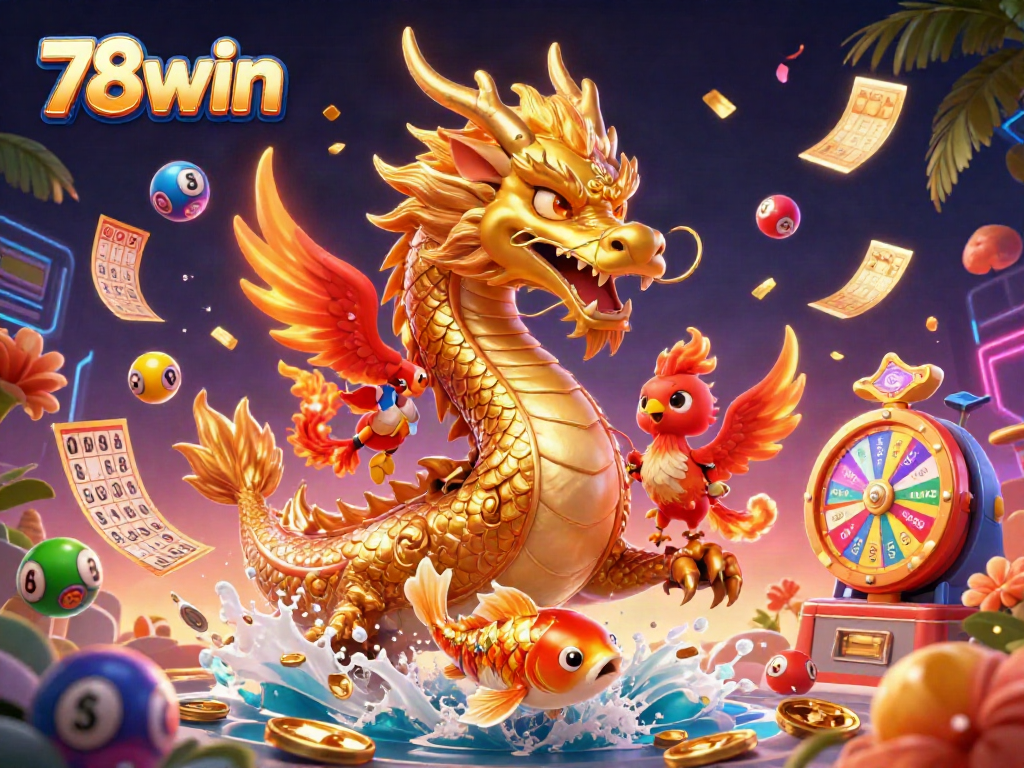 Experience thrilling moments with 78win in this vibrant casino-themed illustration featuring dragons and prize elements