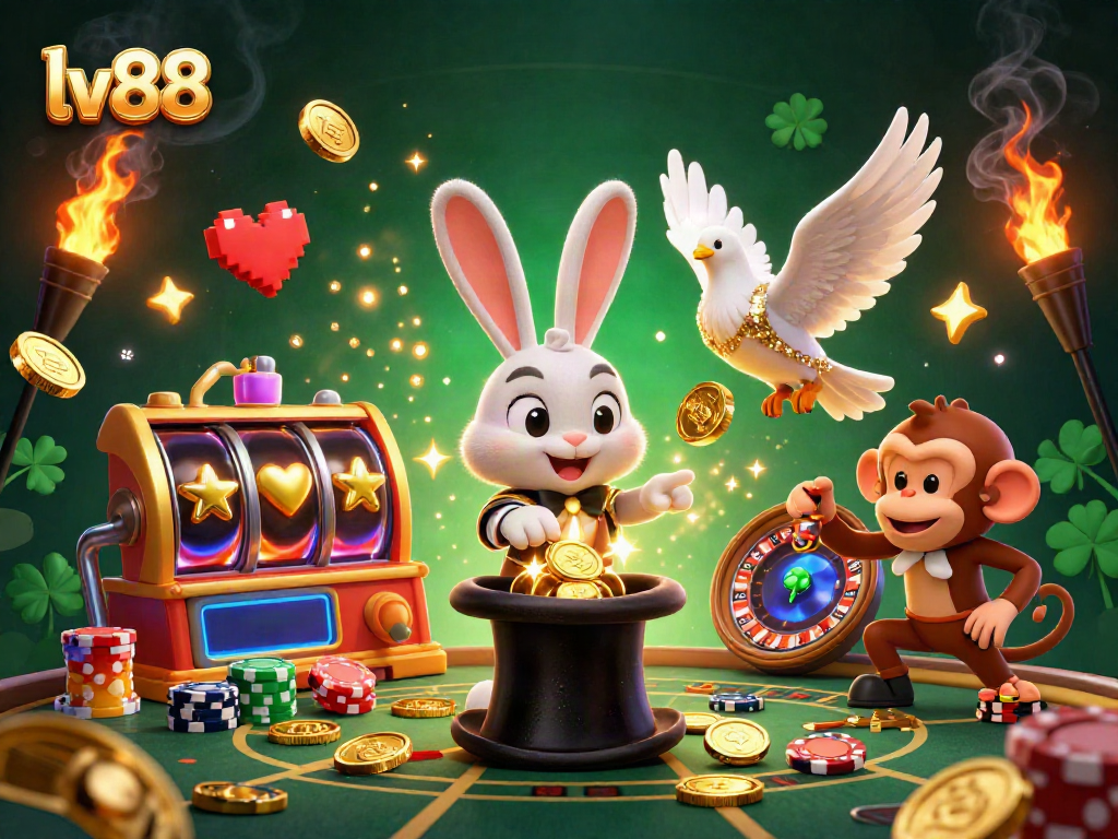 Experience thrilling wins at lv88 online casino with a vibrant 3D illustration showcasing magical characters and gaming elements.