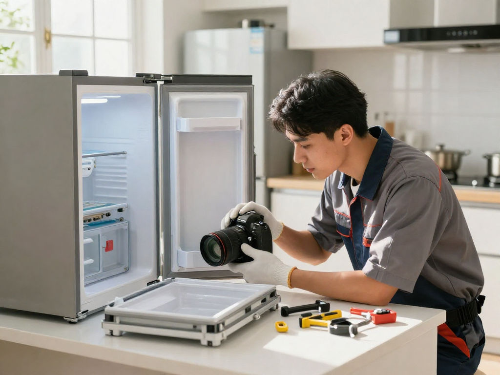 Appliance Repair technician diagnosing a refrigerator in a bright kitchen setting.