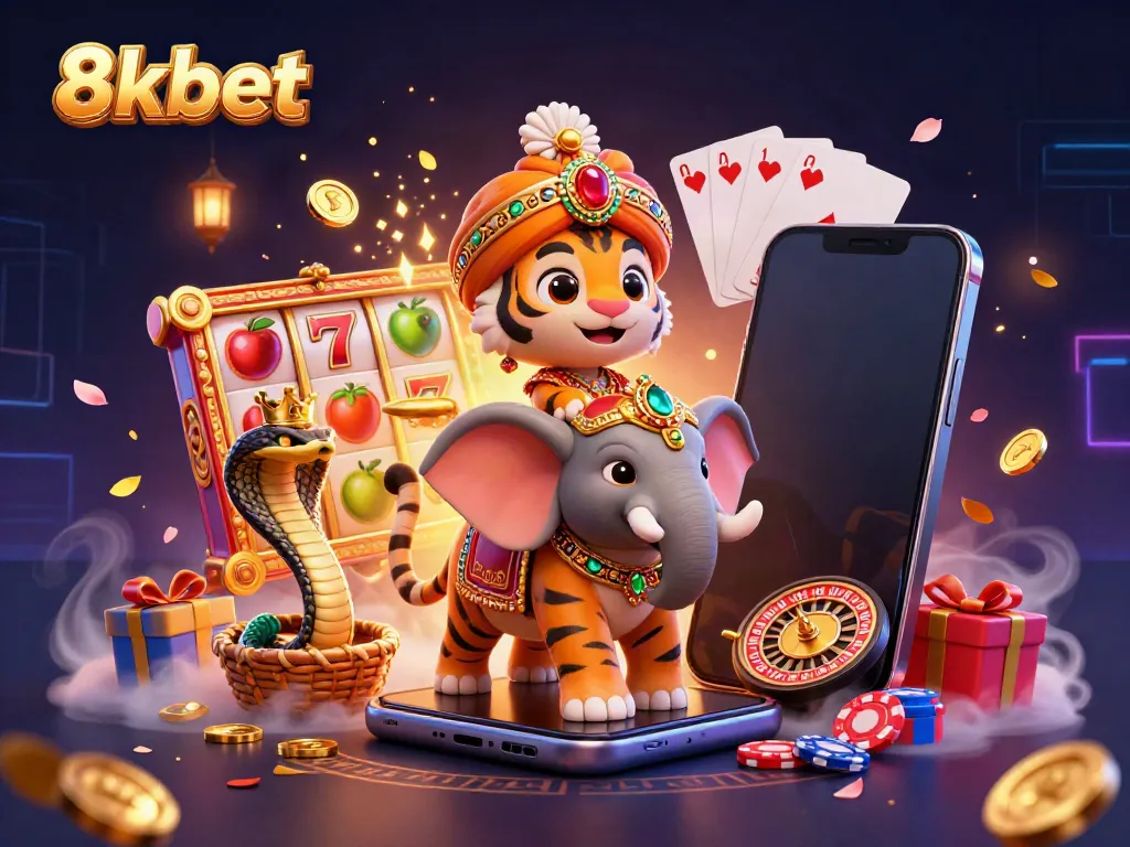 Experience thrilling gaming adventure with 8xbet's vibrant 3D casino scene featuring a majestic maharaja tiger.