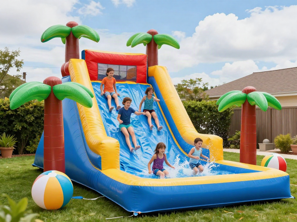 Children enjoying an inflatable water slide during summer fun in a vibrant backyard setting.