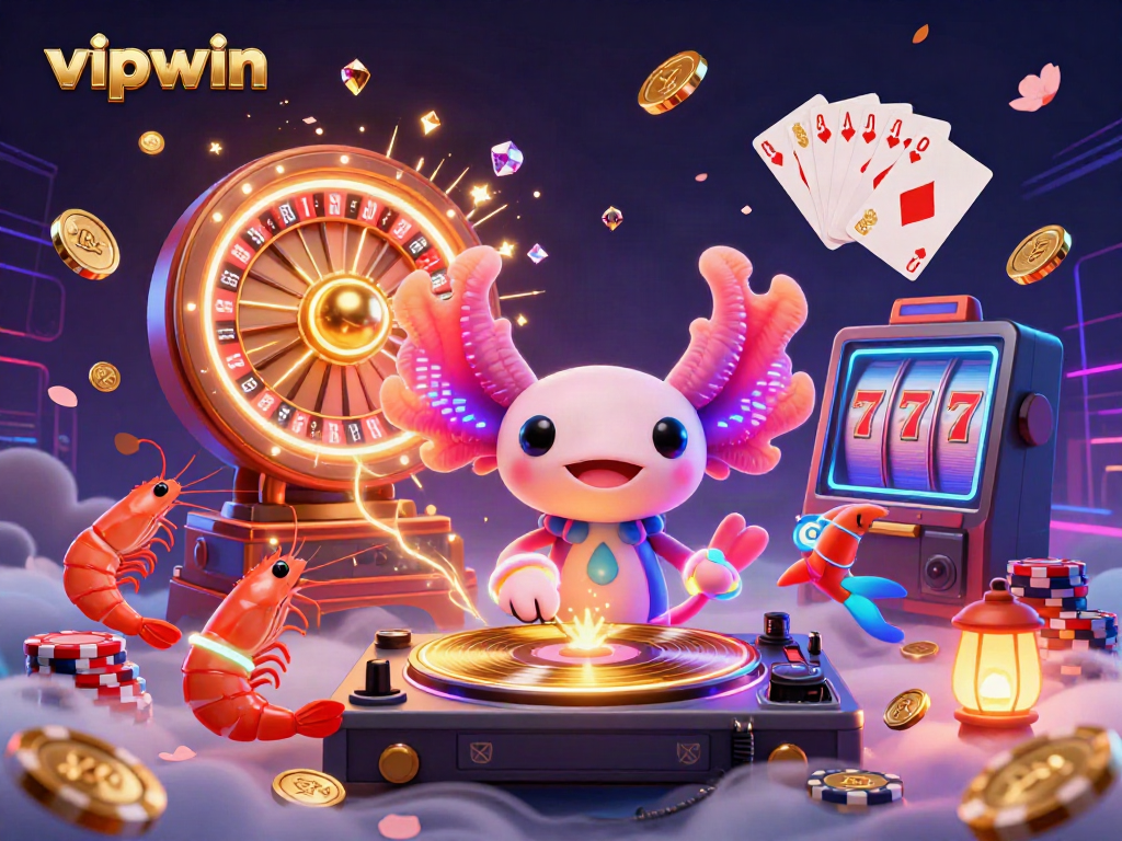 Experience thrilling action with vipwin as the neon-colored axolotl DJ spins records surrounded by vibrant coins and game elements.