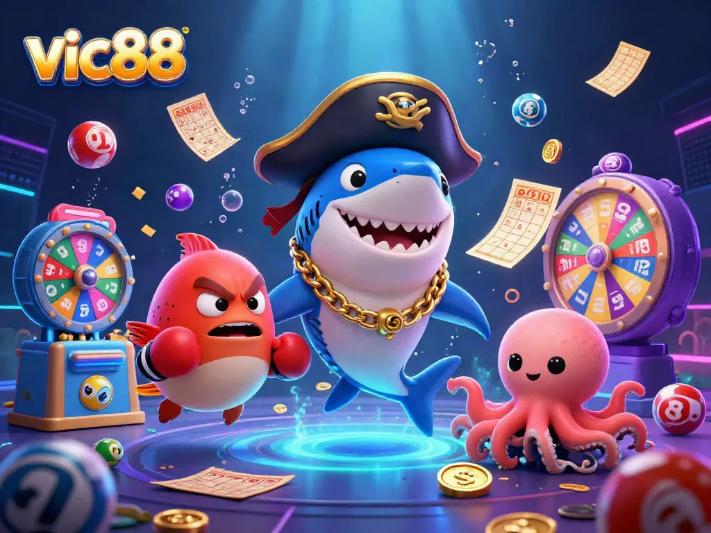 Engage with vic88's exciting gaming world featuring a pirate shark, pufferfish, and octopus surrounded by coins and lottery elements.