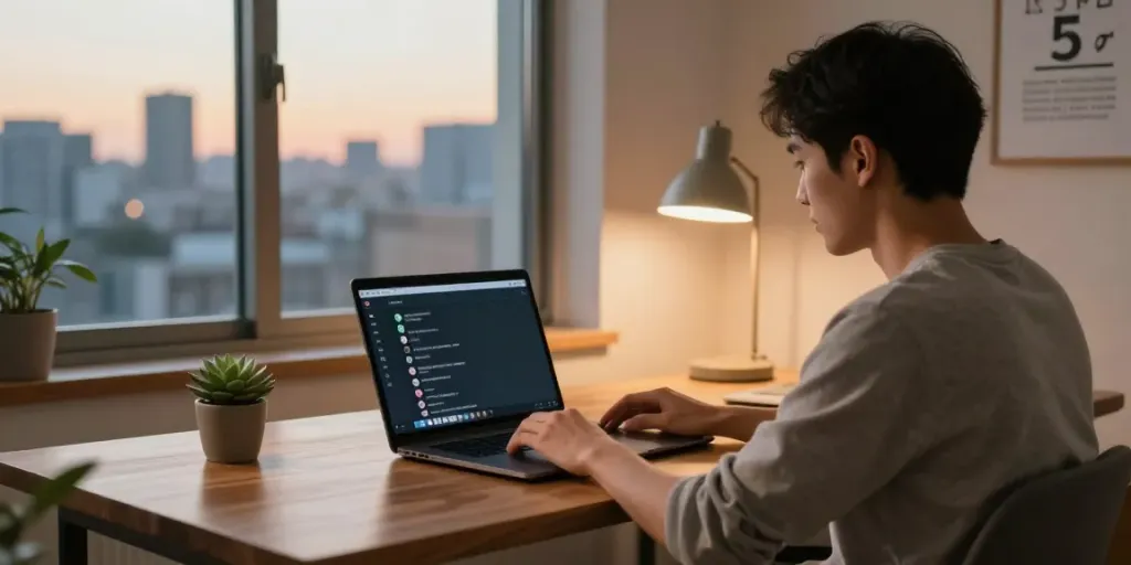 Download OGWhatsApp in a modern home office featuring a smartphone and laptop.