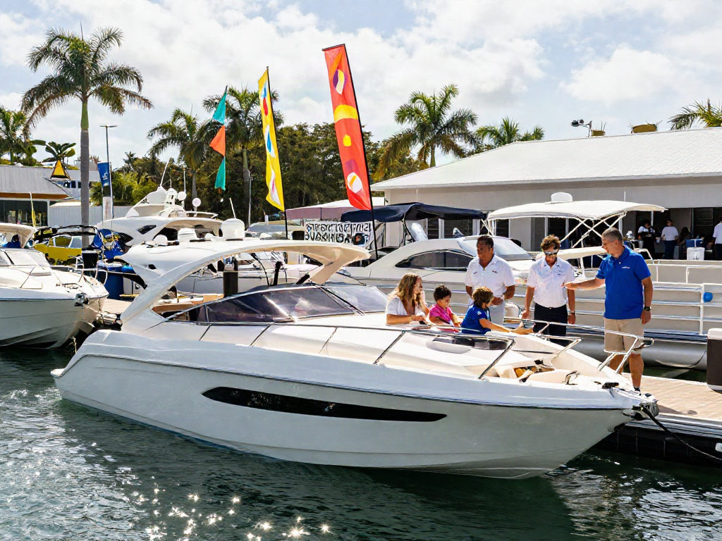 Boat dealer assisting a family at a vibrant marina boat show, showcasing new yachts and fishing boats.