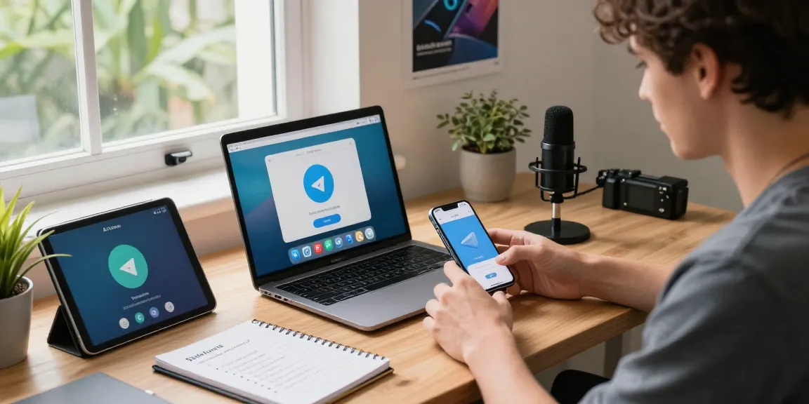 Setting up Telegram download on multiple devices in a modern office workspace with tech gadgets.