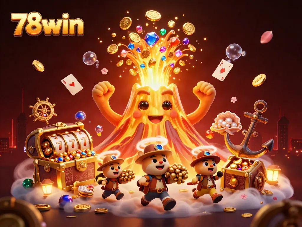 Experience the thrill of 78win with a triumphant volcano erupting coins, gems, and golden treasures.