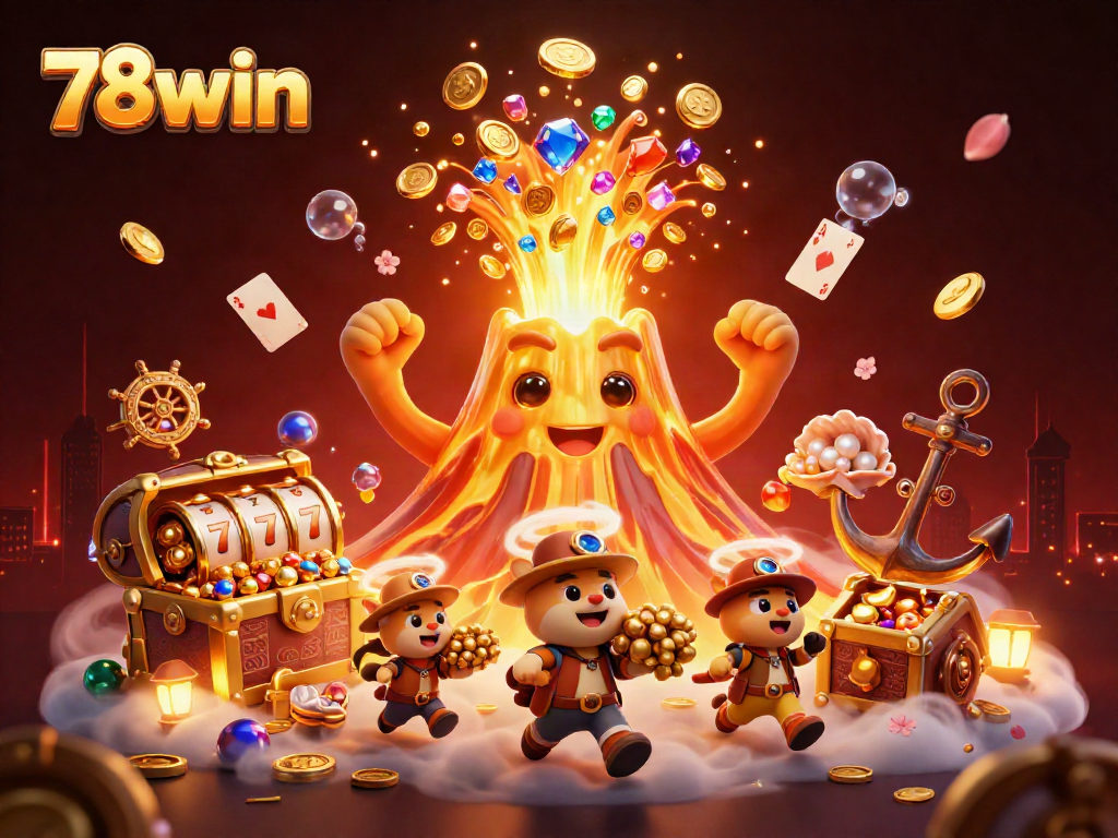 Experience the thrill of 78win with a triumphant volcano erupting coins, gems, and golden treasures.