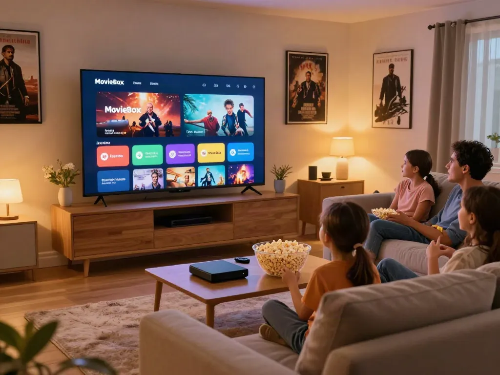 Family enjoying movie box download on smart TV in a cozy living room.