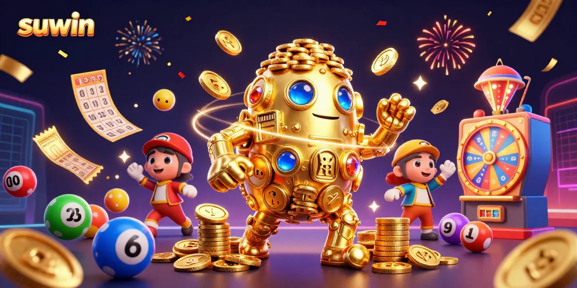 Experience suwin's vibrant slots with golden golem, colorful lottery balls, and spinning prizes!