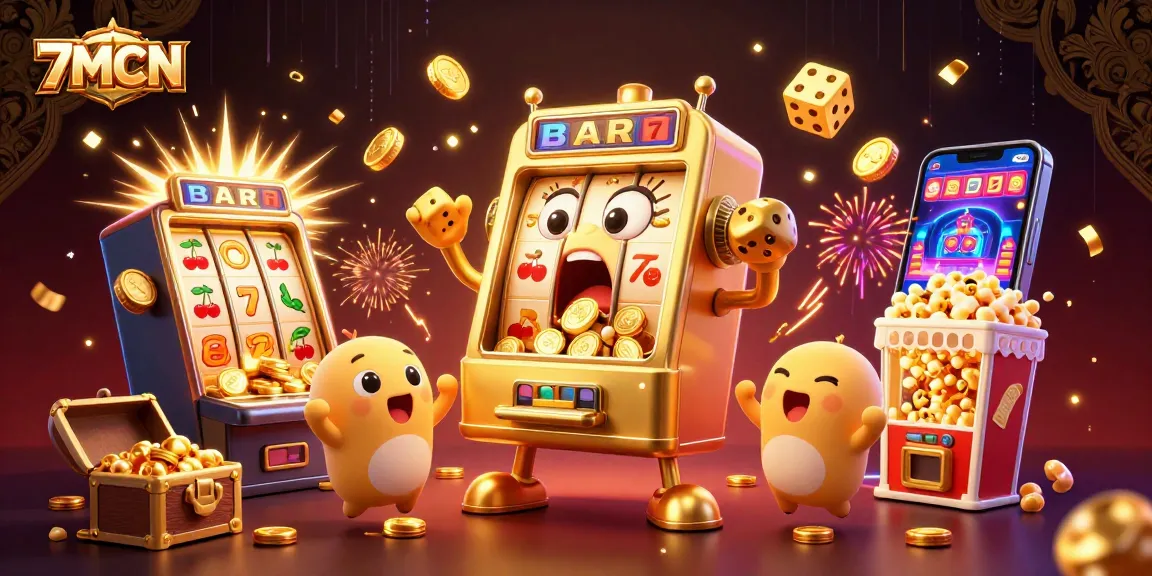 Engage with thrilling action at 7MCN as the golden slot machine hits a jackpot, surrounded by festive elements.