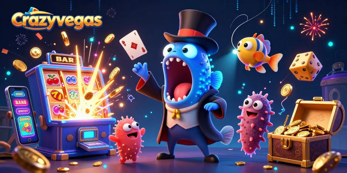 Experience thrilling action at crazyvegas with cartoon characters performing magic tricks around flashy casino elements.